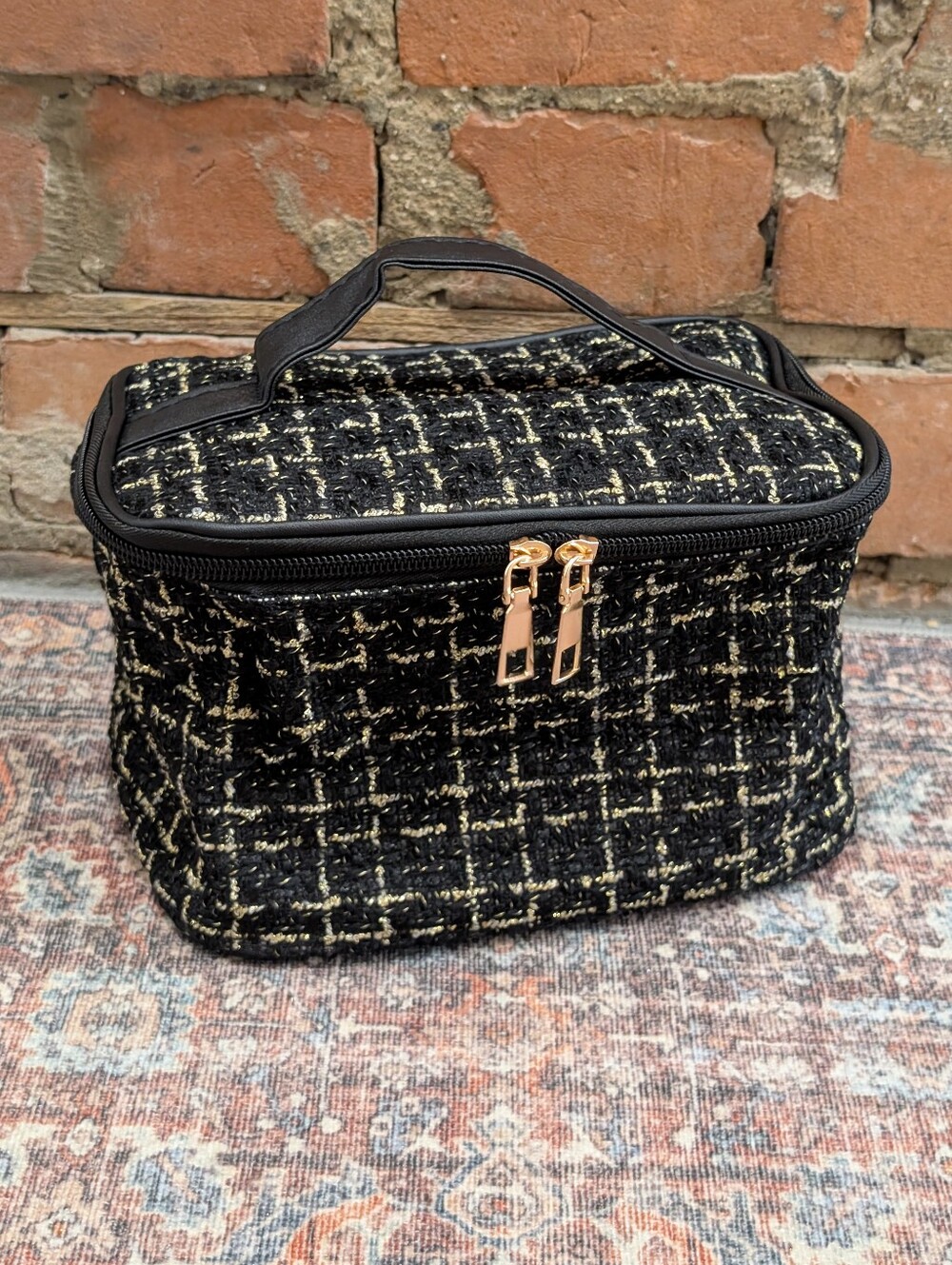 Nib! Chic Black Gold Tweed Cosmetic Case Makeup Pouch Travel Bag